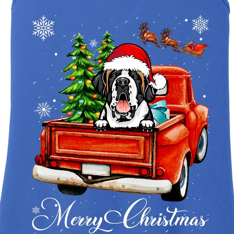 Funny Saint Bernard Ride Red Truck Merry Christmas Pajama Ladies Essential Tank