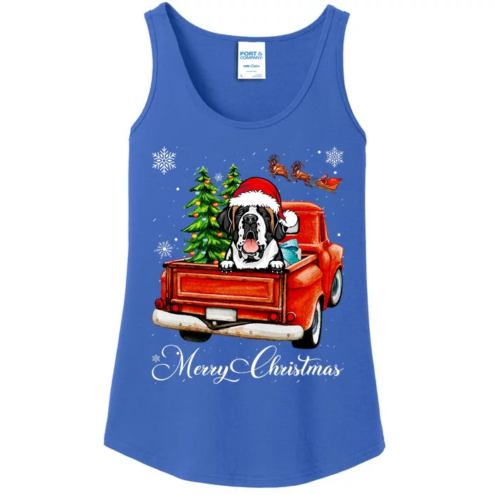 Funny Saint Bernard Ride Red Truck Merry Christmas Pajama Ladies Essential Tank