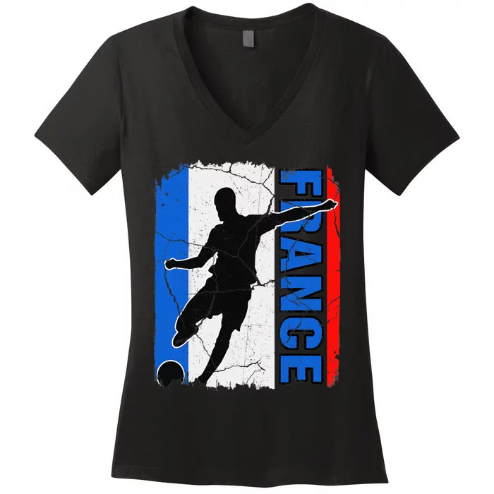 France Soccer Ball French Flag Sports Coach Player Team Women's V-Neck T-Shirt