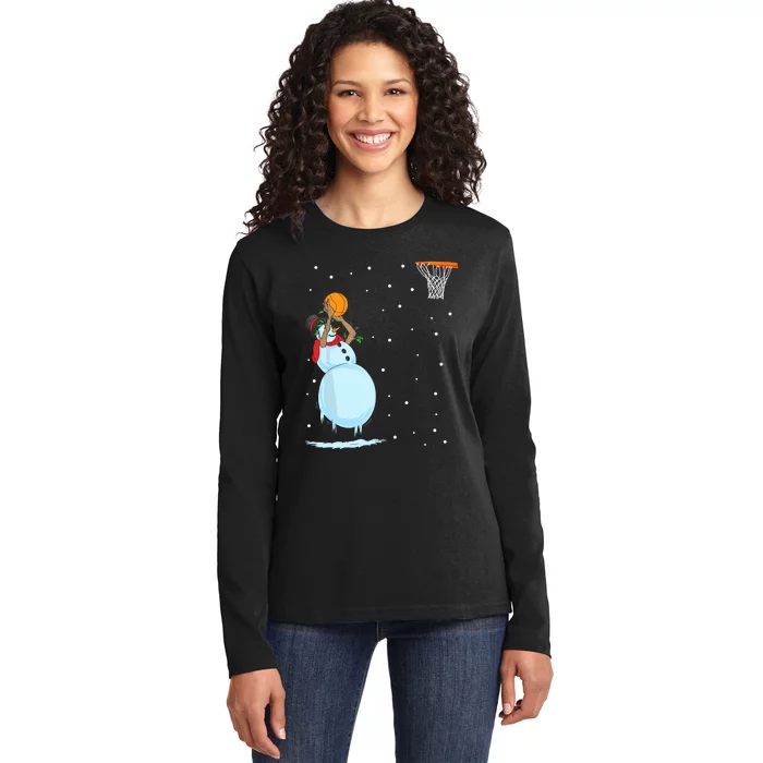 Funny Snowman Basketball Christmas Ladies Long Sleeve Shirt