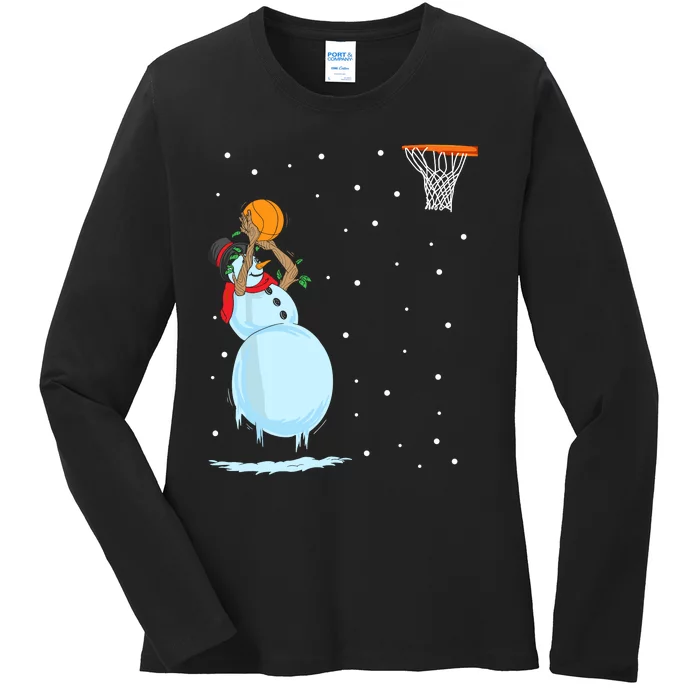 Funny Snowman Basketball Christmas Ladies Long Sleeve Shirt