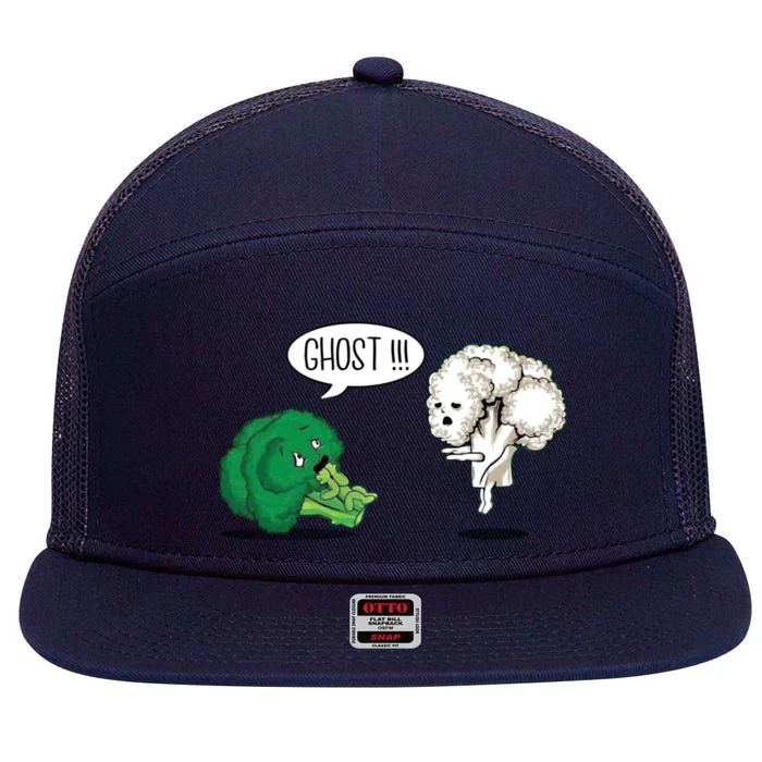 Funny Scared Broccoli By Ghost Cauliflower Funny Vegetarian Cute Gift 7 Panel Mesh Trucker Snapback Hat