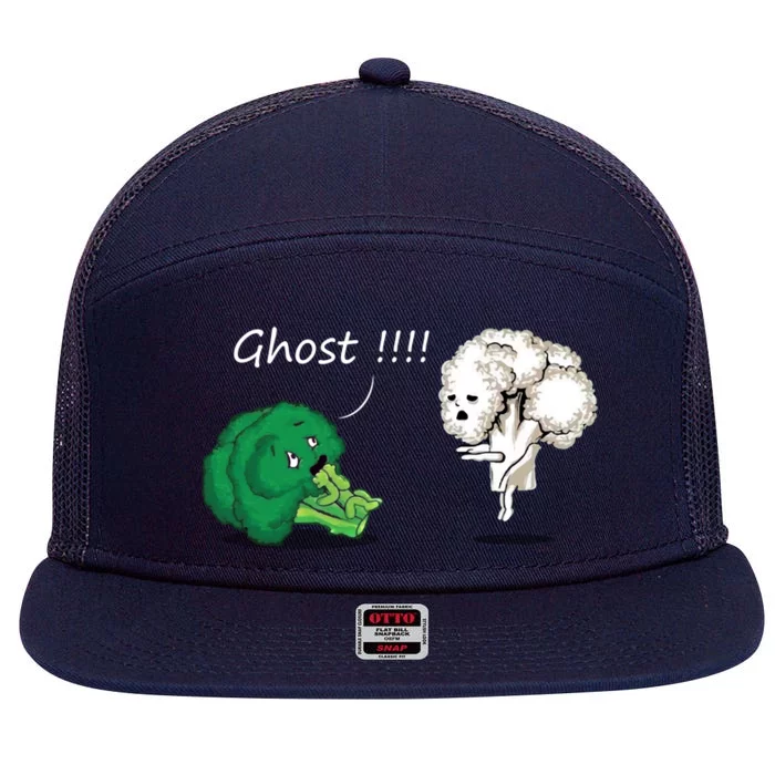 Funny Scared Broccoli By Ghost Cauliflower Funny Vegetarian Gift 7 Panel Mesh Trucker Snapback Hat