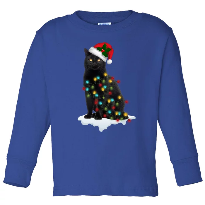 Funny Santa Black Cat In Xmas Lights Cat Lover Christmas Cool Gift Toddler Long Sleeve Shirt