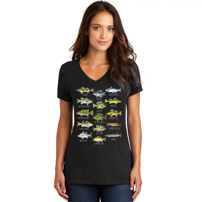 Fish Species Biology Types Of Freshwater Fish Fishing Women's V-Neck T-Shirt