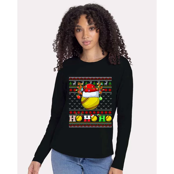 Funny Softball Ball Xmas Tree Lights Ugly Christmas Sweater Gift Womens Cotton Relaxed Long Sleeve T-Shirt