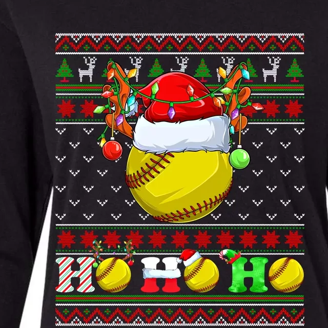 Funny Softball Ball Xmas Tree Lights Ugly Christmas Sweater Gift Womens Cotton Relaxed Long Sleeve T-Shirt