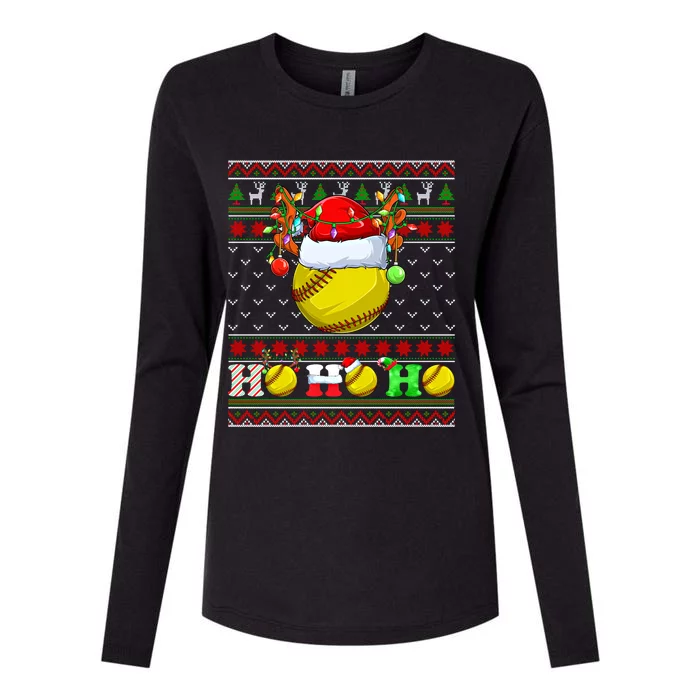 Funny Softball Ball Xmas Tree Lights Ugly Christmas Sweater Gift Womens Cotton Relaxed Long Sleeve T-Shirt