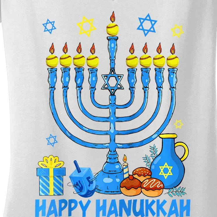 Funny Softball Balls Temple Menorah Chanukah Hanukkah Pajama Women's V-Neck T-Shirt