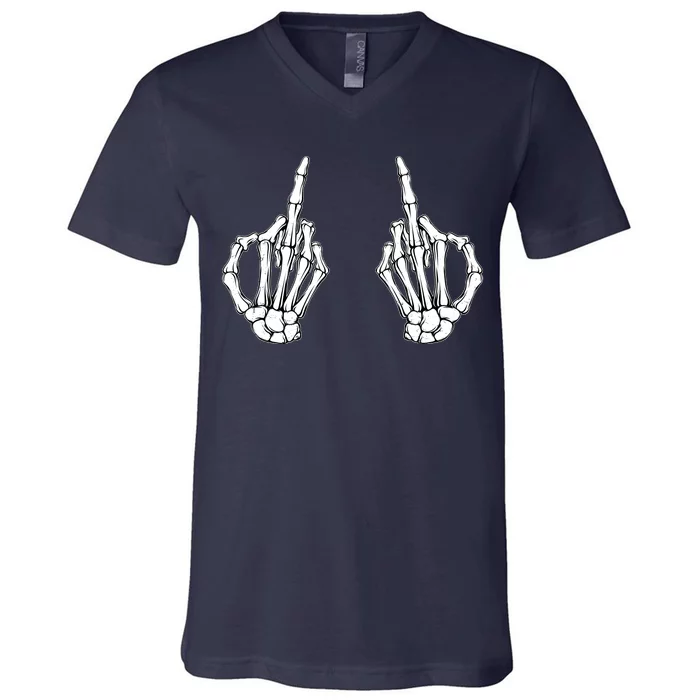 Funny Skeleton Bones Middle Finger Hands V-Neck T-Shirt