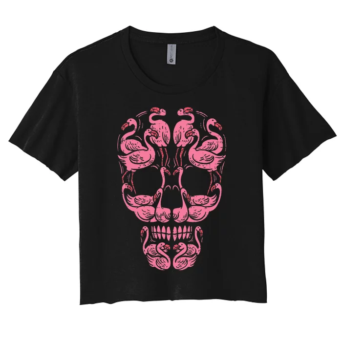 Flamingo Skull Breast Cancer Awareness Halloween Decor Women's Crop Top Tee