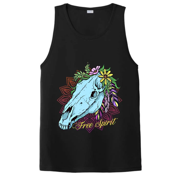 Free Spirit Boho Floral Horse Skull Cow Rodeo Horse Lover Gift Performance Tank