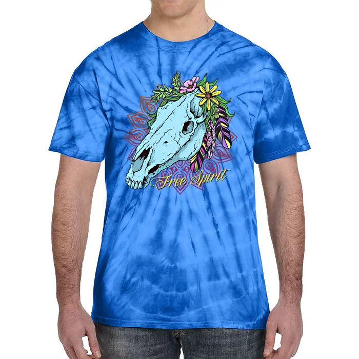 Free Spirit Boho Floral Horse Skull Cow Rodeo Horse Lover Gift Tie-Dye T-Shirt