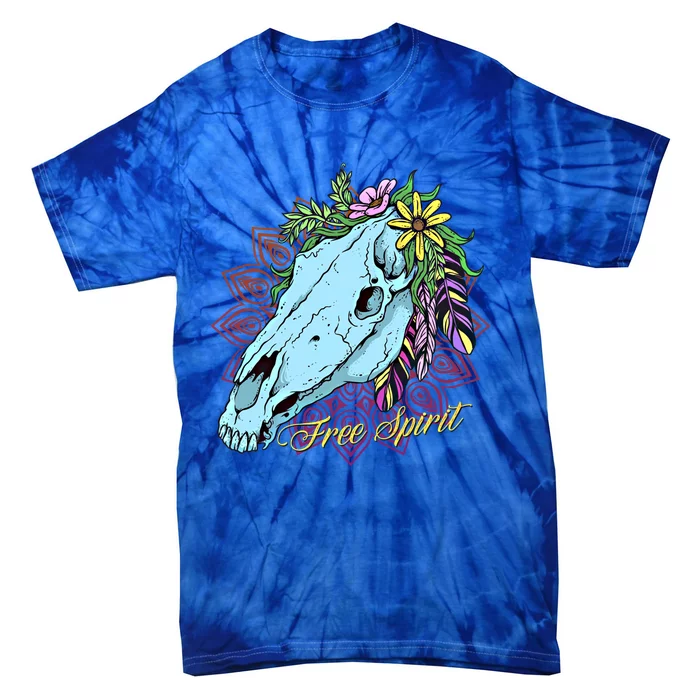 Free Spirit Boho Floral Horse Skull Cow Rodeo Horse Lover Gift Tie-Dye T-Shirt