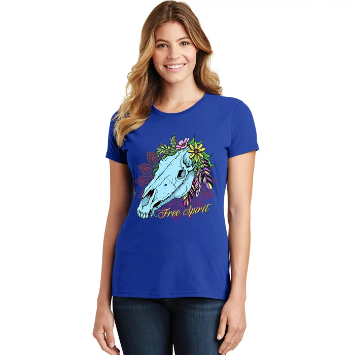 Free Spirit Boho Floral Horse Skull Cow Rodeo Horse Lover Gift Women's T-Shirt