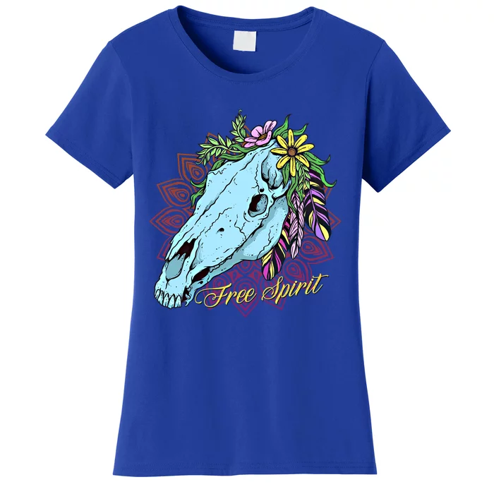 Free Spirit Boho Floral Horse Skull Cow Rodeo Horse Lover Gift Women's T-Shirt