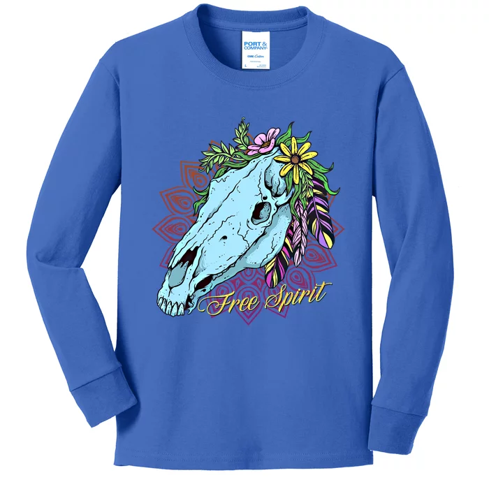 Free Spirit Boho Floral Horse Skull Cow Rodeo Horse Lover Gift Kids Long Sleeve Shirt