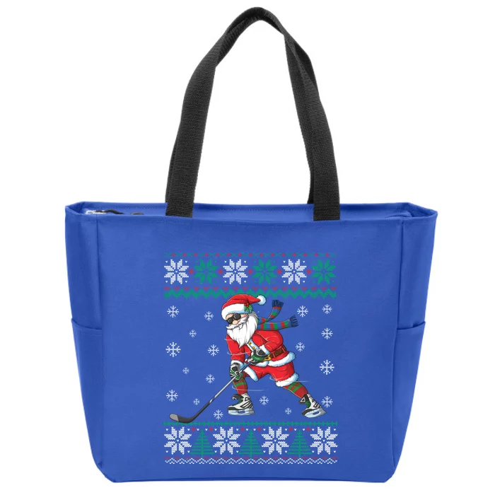 Funny Santa Claus Christmas Ice Hockey Ugly Sweater Gift Zip Tote Bag