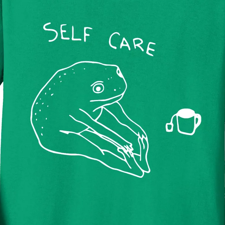 Funny Self Care Frog Drinking Tea Yoga Positive Frog Lover Kids Long Sleeve Shirt