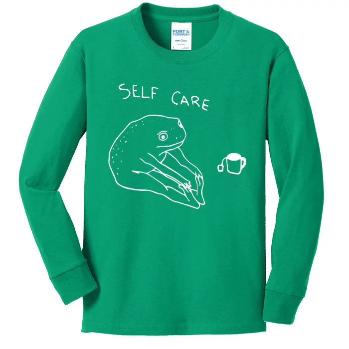 Funny Self Care Frog Drinking Tea Yoga Positive Frog Lover Kids Long Sleeve Shirt