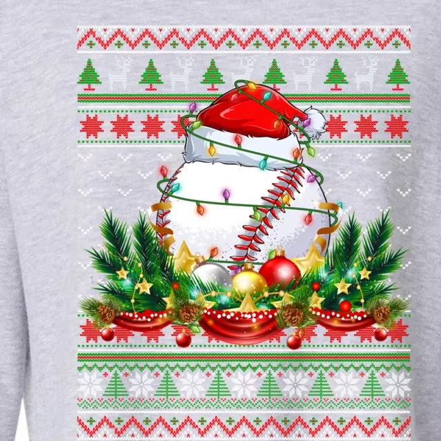 Funny Santa Claus Baseball Ball Wreath Christmas Lights Xmas Funny Gift Cropped Pullover Crew