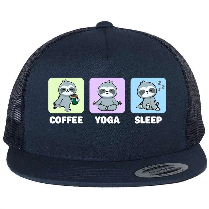 Funny Sloth Coffee Yoga Sleep Repeat Cute Kawaii Animal Funny Gift Flat Bill Trucker Hat