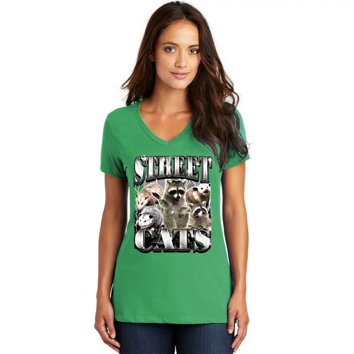 Funny S.T.R.E.E.T Cats Raccoon P.O.S.S.U.M Women's V-Neck T-Shirt