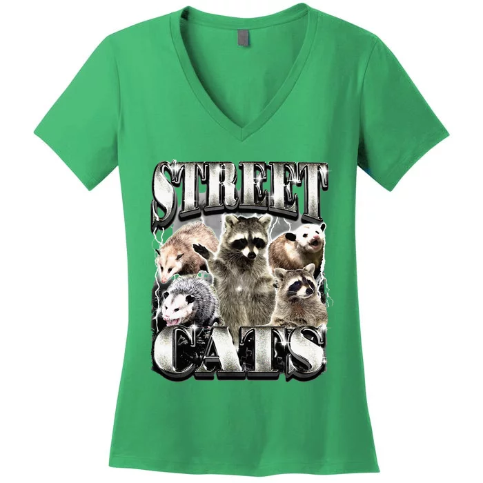 Funny S.T.R.E.E.T Cats Raccoon P.O.S.S.U.M Women's V-Neck T-Shirt