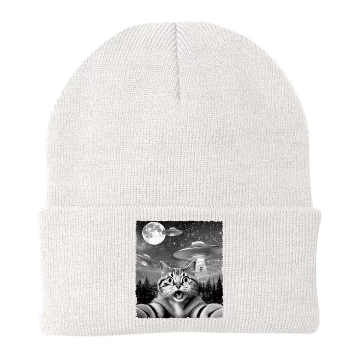 Funny Scared Cat Selfie With Ufos Gift Idea Knit Cap Winter Beanie