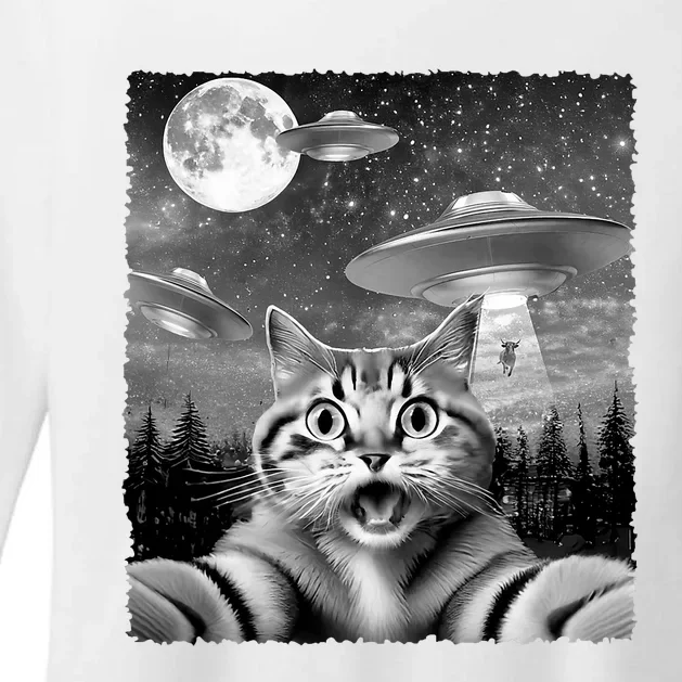 Funny Scared Cat Selfie With Ufos Gift Idea Womens CVC Long Sleeve Shirt