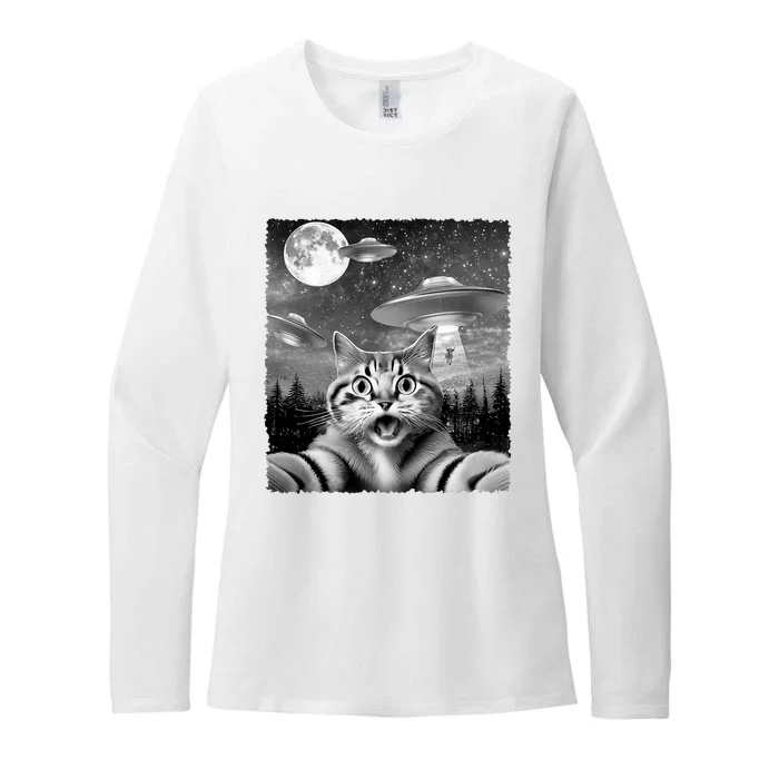 Funny Scared Cat Selfie With Ufos Gift Idea Womens CVC Long Sleeve Shirt