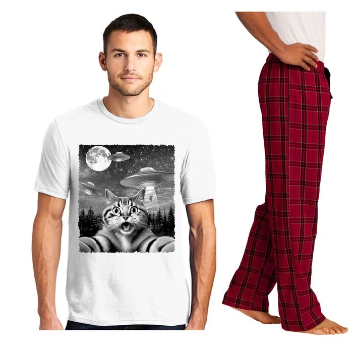 Funny Scared Cat Selfie With Ufos Gift Idea Pajama Set