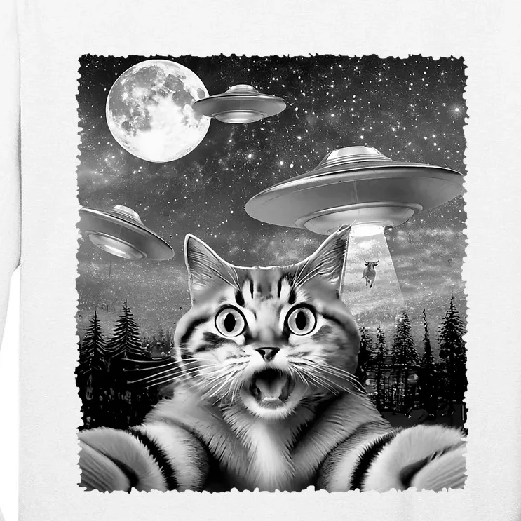 Funny Scared Cat Selfie With Ufos Gift Idea Tall Long Sleeve T-Shirt