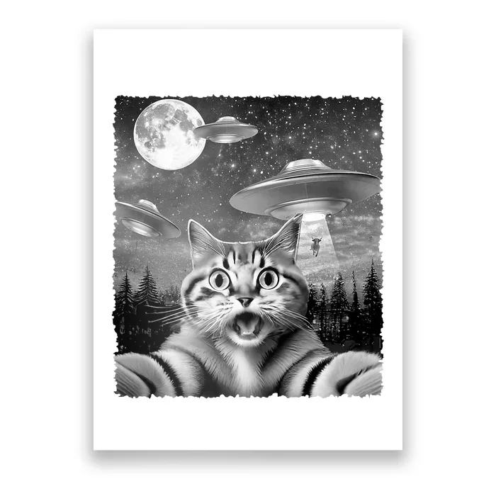 Funny Scared Cat Selfie With Ufos Gift Idea Poster