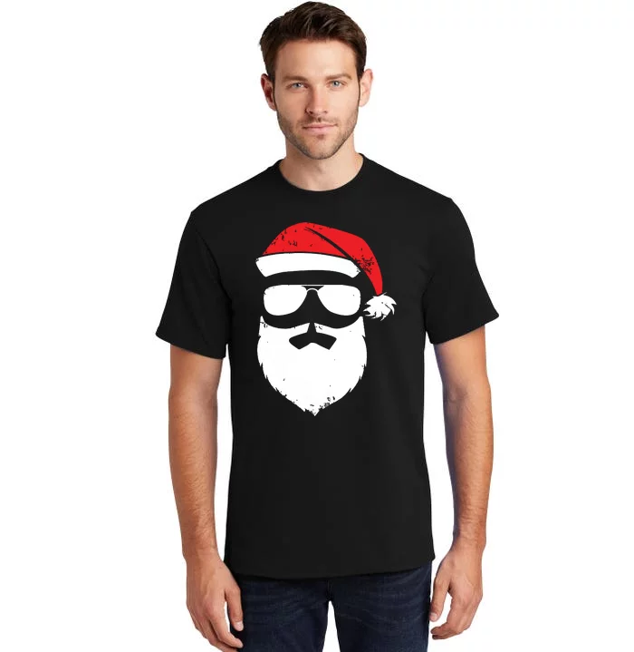 Funny Santa Claus Face Sunglasses With Hat Beard Christmas Tall T-Shirt