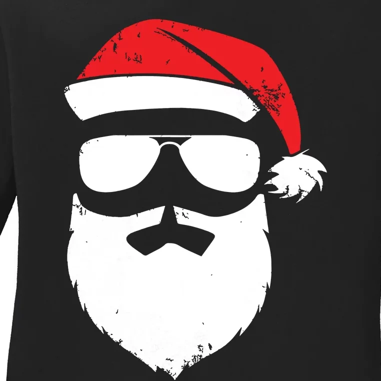 Funny Santa Claus Face Sunglasses With Hat Beard Christmas Ladies Long Sleeve Shirt