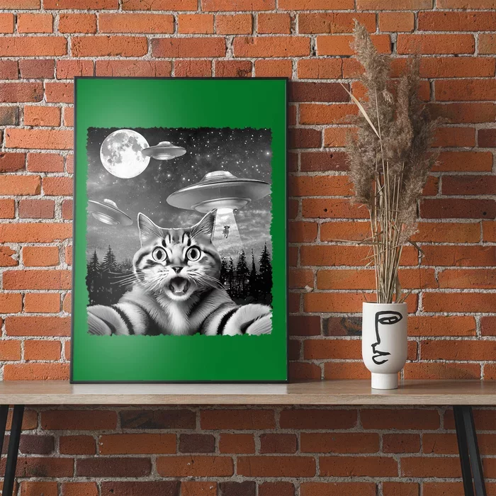 Funny Scared Cat Selfie with UFOs Gift Idea Poster