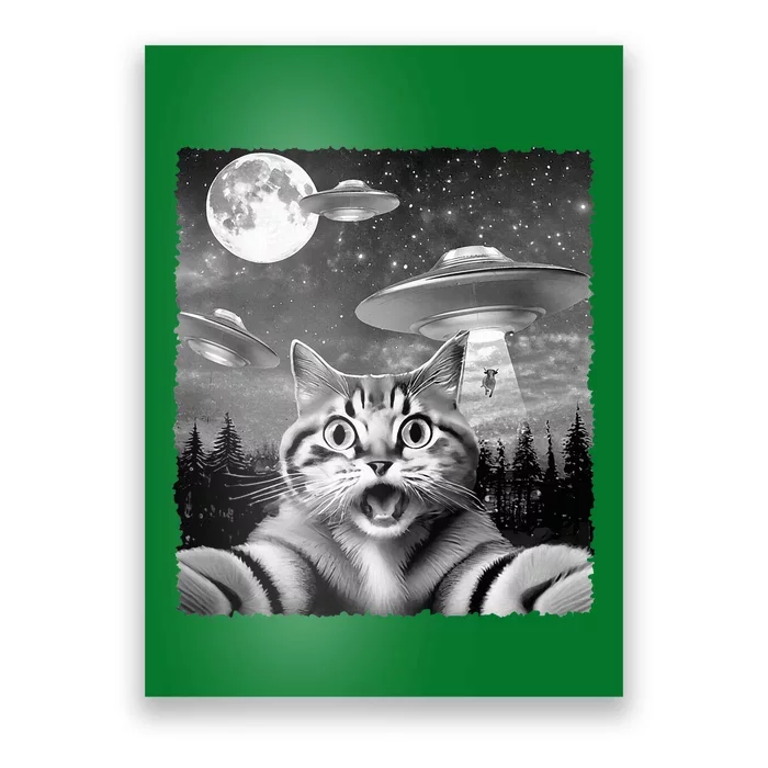 Funny Scared Cat Selfie with UFOs Gift Idea Poster