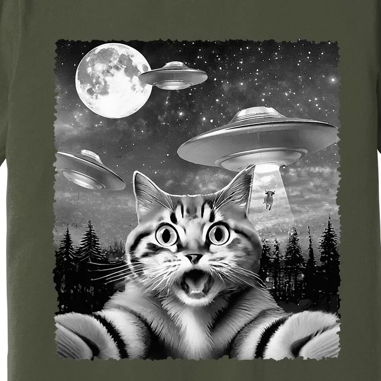 Funny Scared Cat Selfie with UFOs Gift Idea Premium T-Shirt