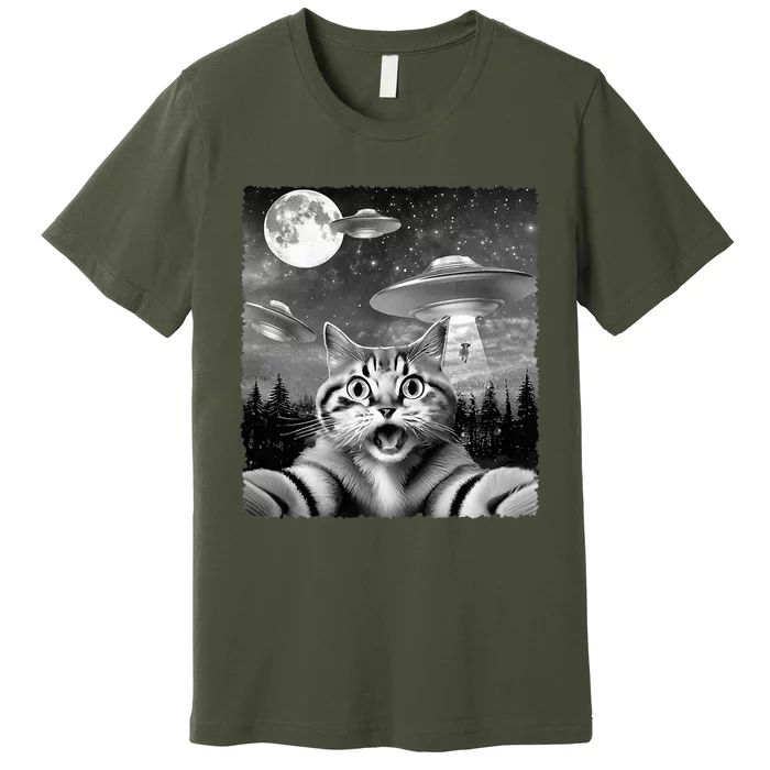 Funny Scared Cat Selfie with UFOs Gift Idea Premium T-Shirt