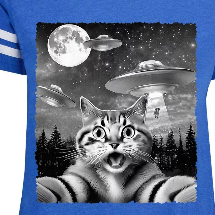 Funny Scared Cat Selfie with UFOs Gift Idea Enza Ladies Jersey Football T-Shirt