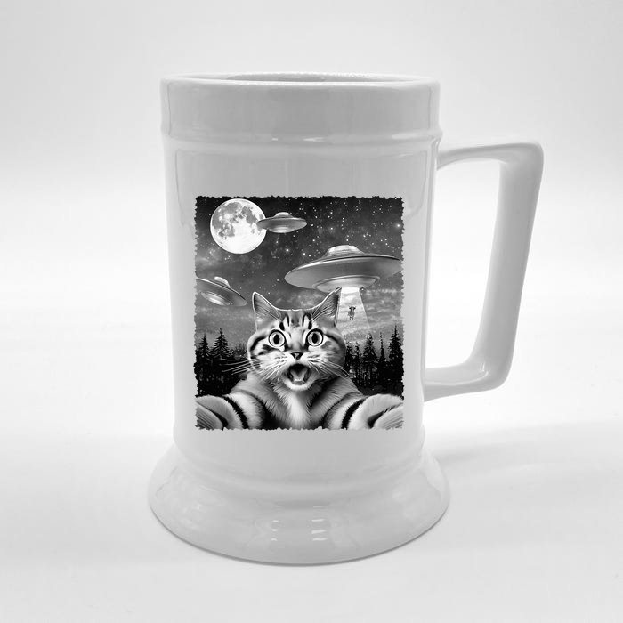 Funny Scared Cat Selfie with UFOs Gift Idea Front & Back Beer Stein