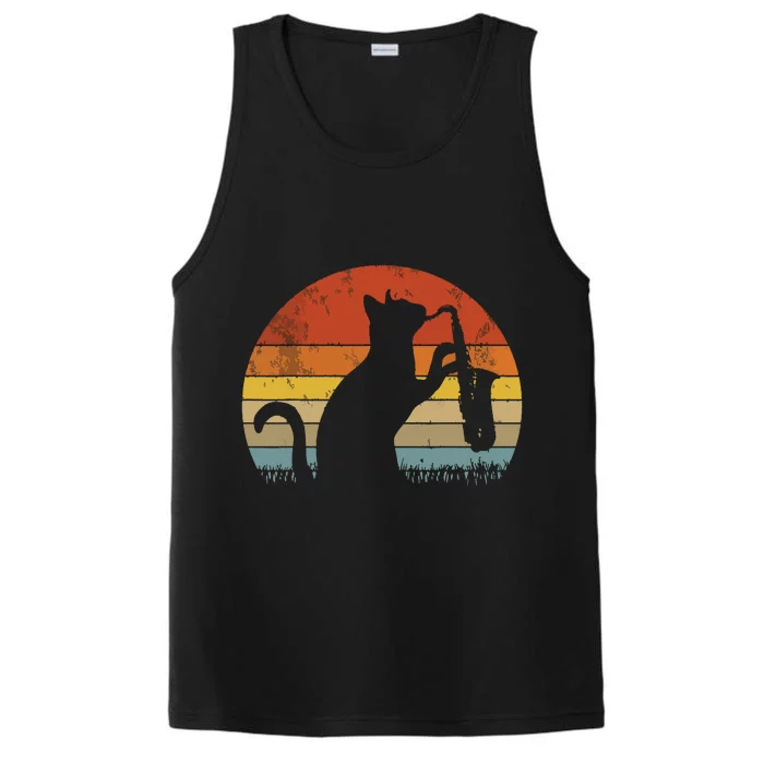 Funny Saxophone Cat Musician Jazz Music Lover Retro Vintage Performance Tank