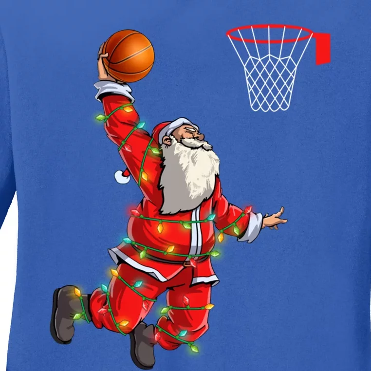 Funny Santa Claus Playing Basketball Christmas Lights Xmas Cool Gift Ladies Long Sleeve Shirt