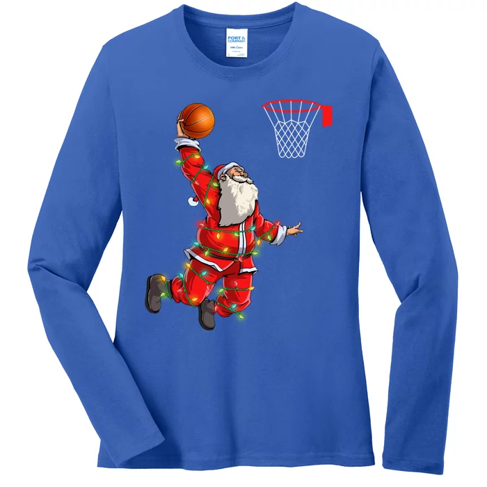 Funny Santa Claus Playing Basketball Christmas Lights Xmas Cool Gift Ladies Long Sleeve Shirt