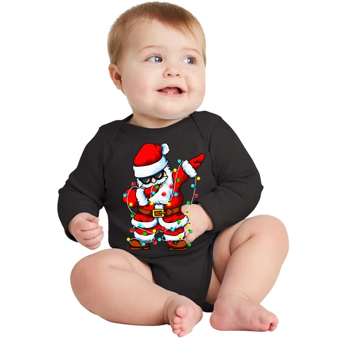 Festive Santa Claus Dabbing with Christmas Tree Lights Baby Long Sleeve Bodysuit