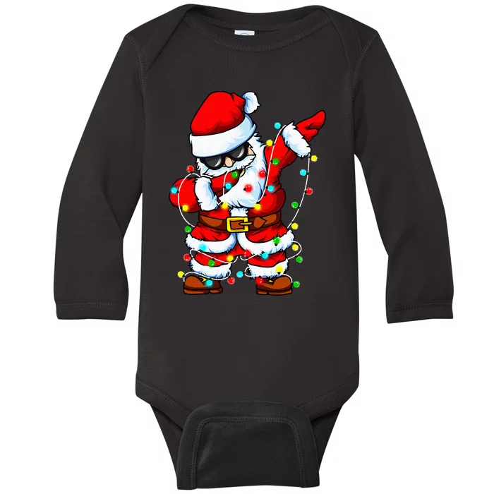 Festive Santa Claus Dabbing with Christmas Tree Lights Baby Long Sleeve Bodysuit