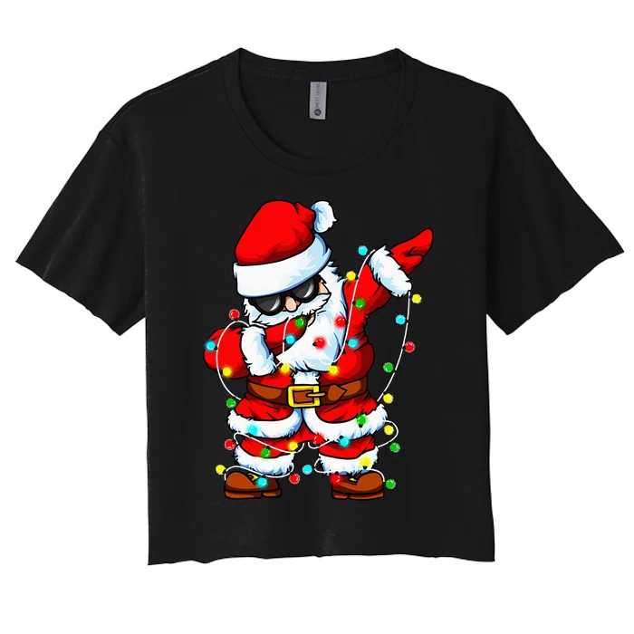 Festive Santa Claus Dabbing with Christmas Tree Lights Women's Crop Top Tee