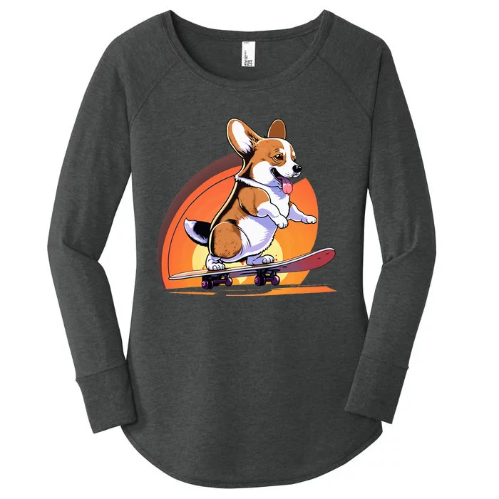 Funny Skateboarding Corgi Women's Perfect Tri Tunic Long Sleeve Shirt