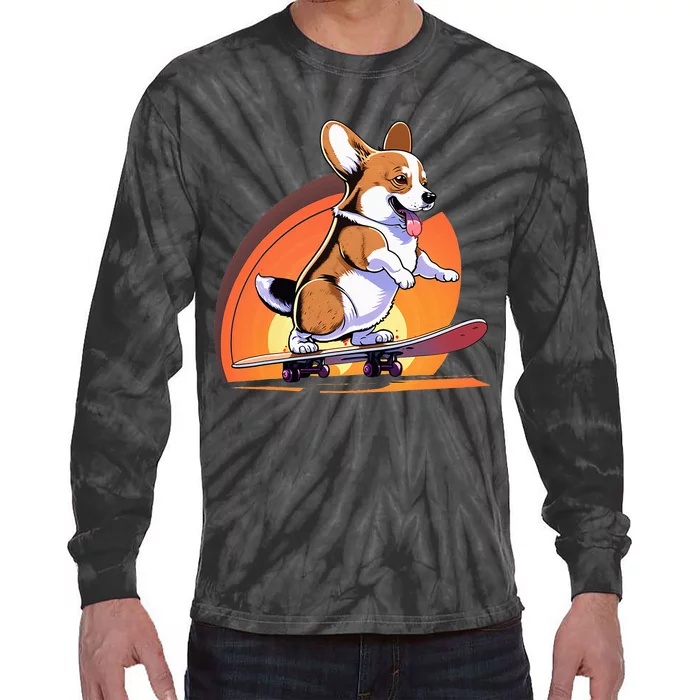 Funny Skateboarding Corgi Tie-Dye Long Sleeve Shirt